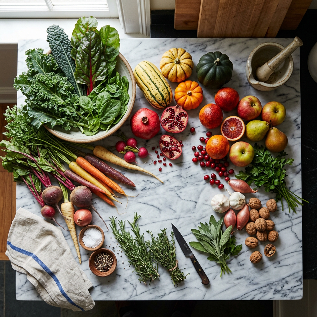 Fresh fall vegetables, fruits, herbs, and nuts on a marble countertop