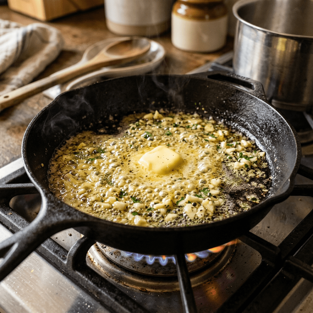 Cast iron skillet with melting butter and garlic sautéing on gas stove burner