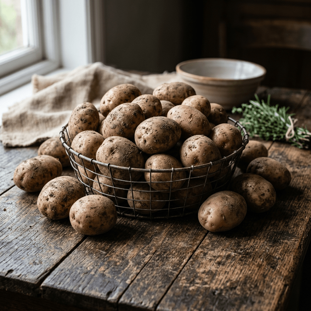 Wire basket full of freshly harvested potatoes with dirt on them on a wooden table