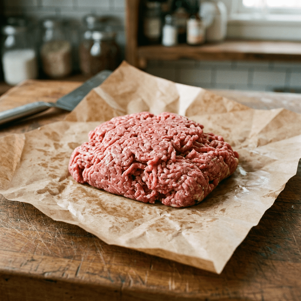 Fresh raw ground beef on brown butcher paper on a wooden cutting board