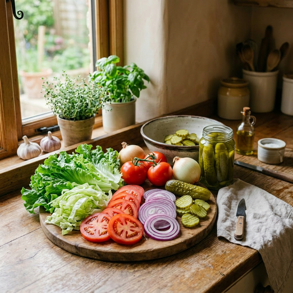 Various fresh vegetables including bell peppers, carrots, cherry tomatoes, cucumber, garlic, eggplant, radishes, kale, and cauliflower on a wooden cutting board