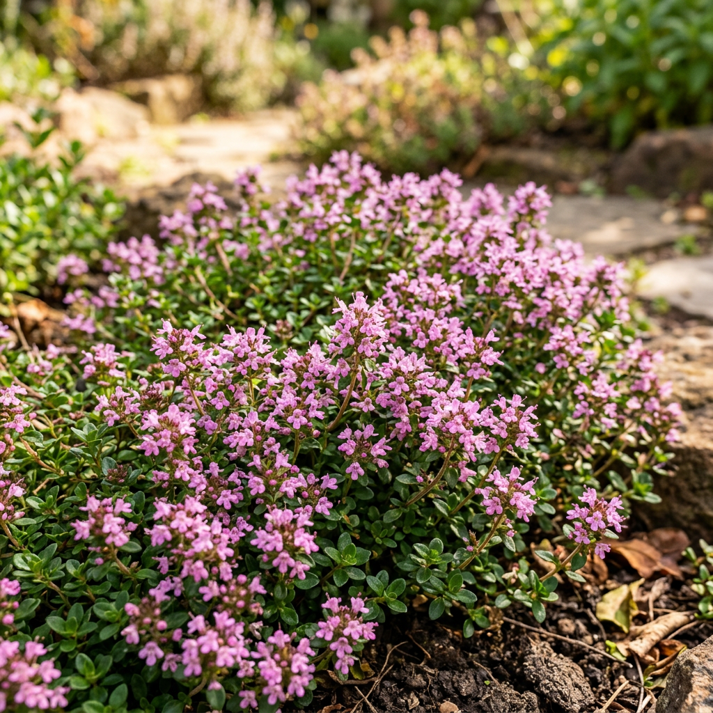 Thyme plant with small green leaves and clusters of tiny pink flowers