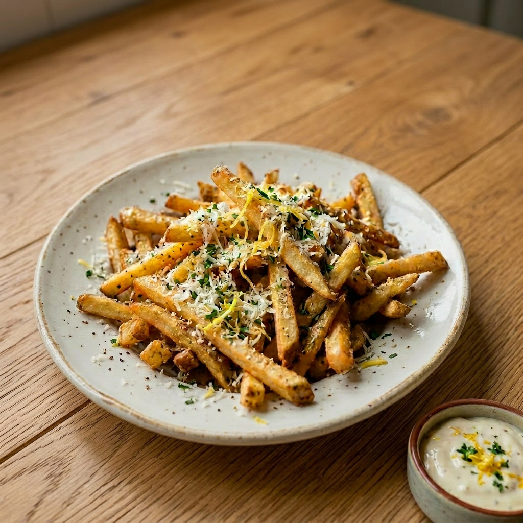Basket of crispy truffle fries sprinkled with cheese and chopped herbs served with dipping sauce.